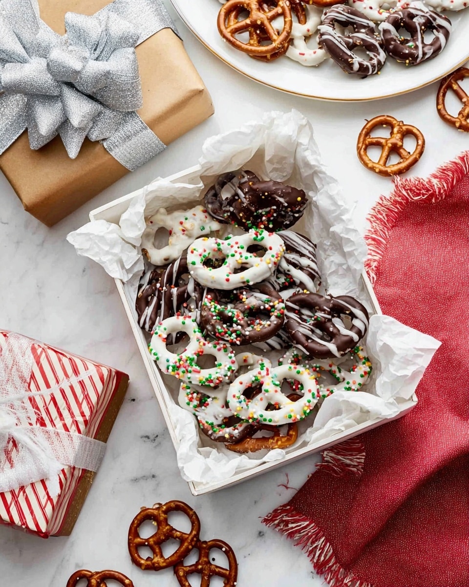 A white box lined with crumpled white paper holds a mix of chocolate-covered pretzels, with some covered in dark chocolate, others in white chocolate, and some drizzled with opposite chocolate. Several pretzels are topped with small colorful sprinkles, adding bright red, green, yellow, and pink dots. Around the box, there are loose pretzels on a white marbled surface, including a white plate with more pretzels in the background. To the left, a gift wrapped in brown paper with a shiny silver bow sits beside a red and white striped tin and a red cloth with fringes. The scene is bright and festive, suggesting holiday treats. photo taken with an iphone --ar 4:5 --v 7