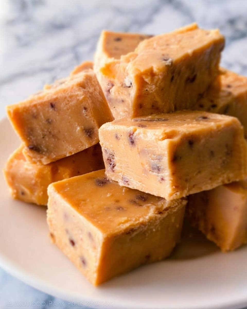 A close-up view of several small, thick square pieces of creamy caramel fudge with visible tiny dark specks throughout, stacked casually on a white plate, the fudge having a smooth but slightly uneven texture with some soft edges. The background is a white marbled texture. photo taken with an iphone --ar 4:5 --v 7