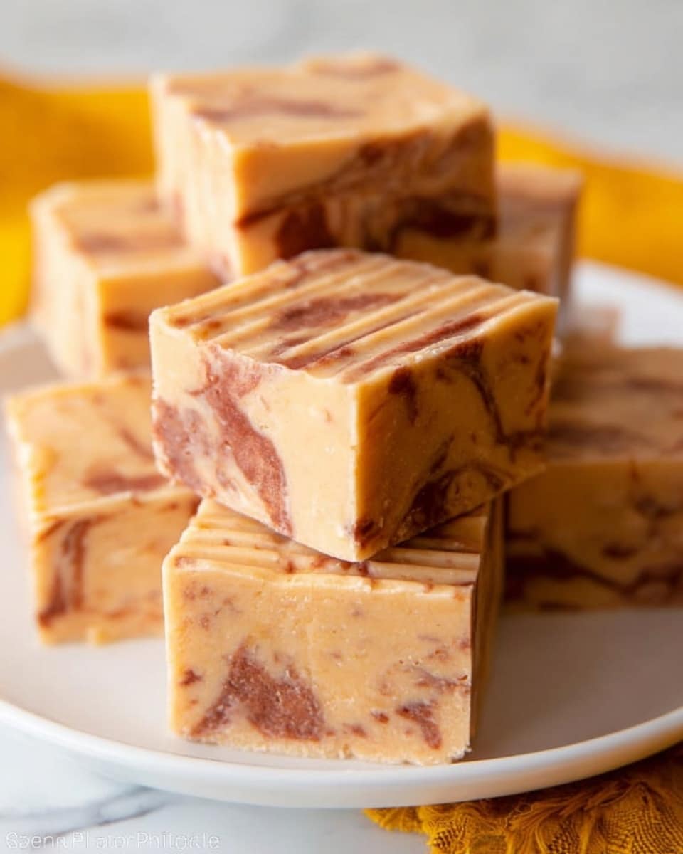 The image shows a close-up of five square pieces of fudge stacked on a white plate. Each piece has two layers with a creamy light brown color mixed with swirls of a darker reddish-brown, giving a marbled texture. The fudge looks soft and smooth, and the top edges have ridged patterns. The background is a white marbled surface with a hint of yellow cloth underneath the plate. photo taken with an iphone --ar 4:5 --v 7