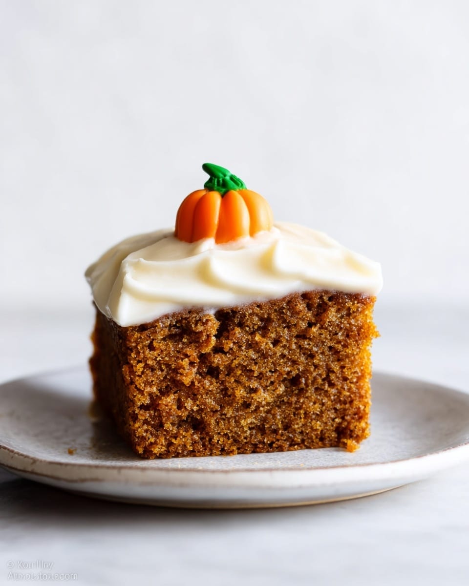 A single thick slice of moist brown cake with a rough and porous texture is shown on a white plate. On top is a smooth, creamy white layer of frosting that goes edge to edge with soft, wavy peaks. At the center of the frosting is a small orange pumpkin-shaped decoration with a green stem. The scene is set against a white marbled surface and plain white background. photo taken with an iphone --ar 4:5 --v 7