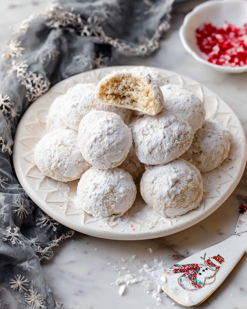 A white decorative plate full of round cookies covered in thick white powdered sugar is placed on a white marbled surface. The cookies are light beige underneath the powdered sugar and have a crumbly texture. There are two broken cookies at the top and one broken cookie on the right, revealing a soft, crumbly inside with a slightly darker tone than the outside. Two whole cookies sit on the left side of the plate. A gray cloth with dark snowflake patterns is draped behind the plate on the left side. A small white bowl with red and white sugar crystals is partially visible at the bottom right corner. Nearby, a white spatula with a snowman design lies on the white marbled surface close to the cookies. Photo taken with an iphone --ar 4:5 --v 7