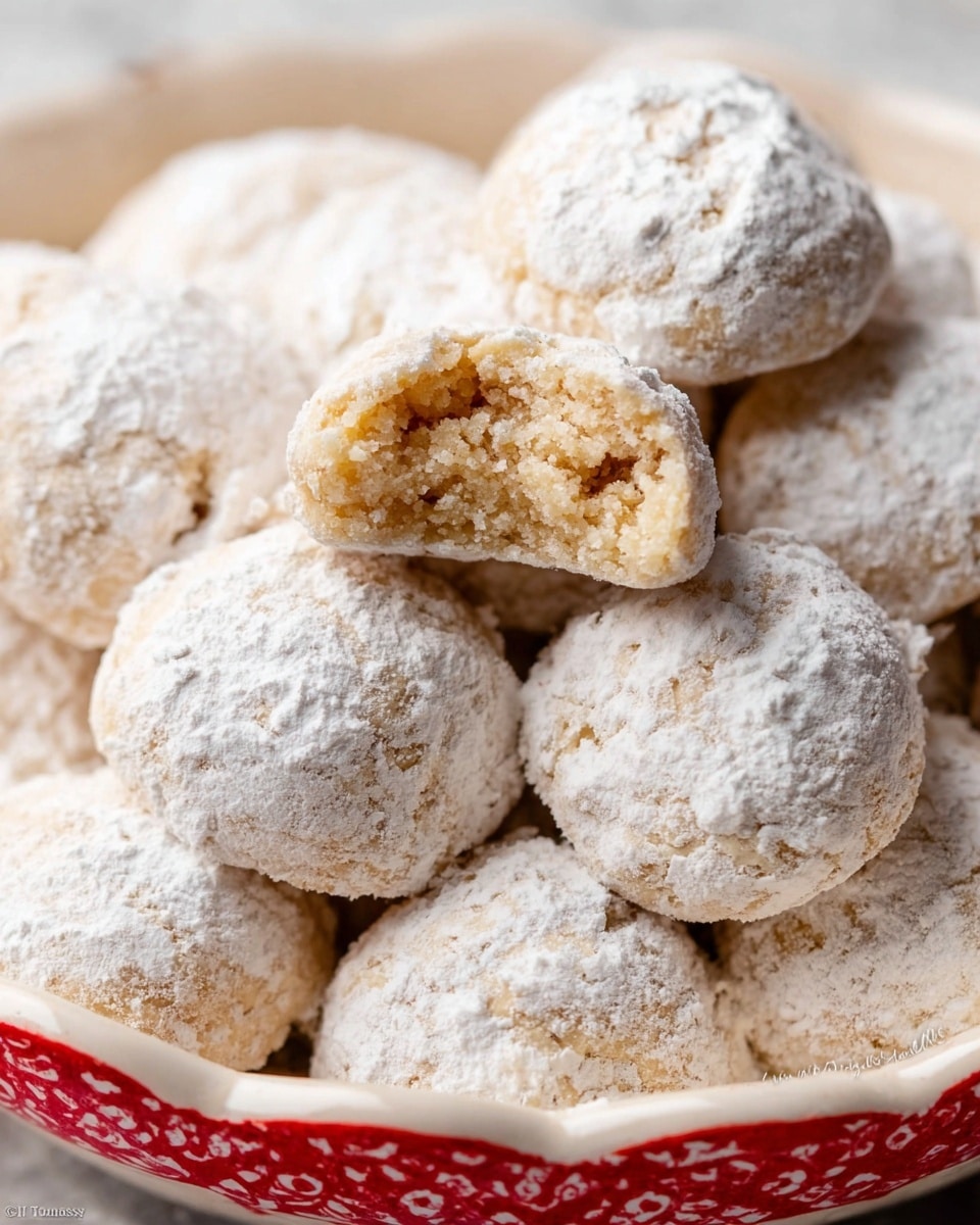 The image shows a pile of round cookies covered in white powdered sugar, placed in a white dish with red patterns on the edges. The cookies are light golden-brown in color underneath the powder, with a soft crumbly texture visible on one cookie that is broken in half and placed on top. The cookies are stacked closely, filling the dish fully against a white marbled textured background. photo taken with an iphone --ar 4:5 --v 7