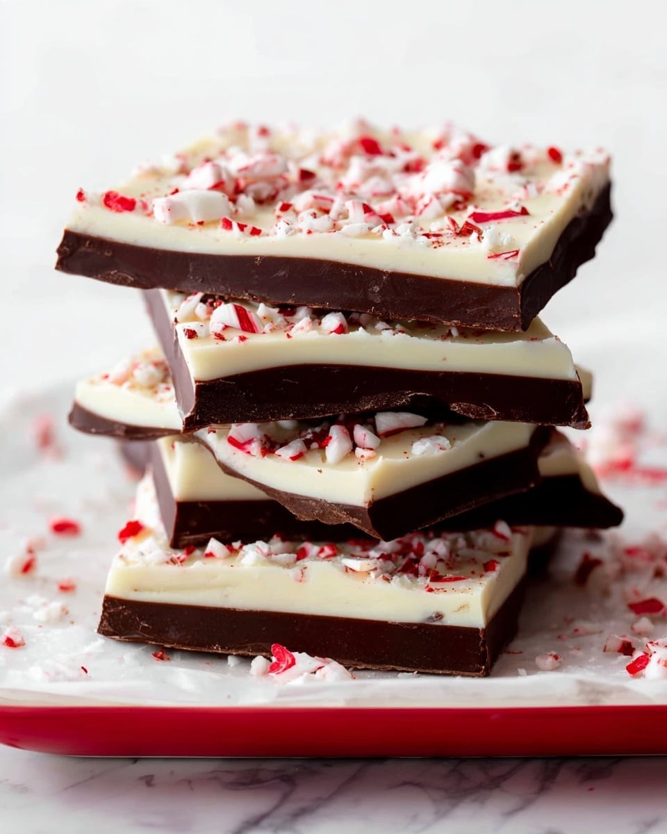 A stack of five thick chocolate bark pieces sits on a white plate with a red edge, placed on a white marbled surface. Each piece has three layers: a bottom white layer with a smooth texture, a middle dark chocolate layer that is solid and even, and a top white layer sprinkled with small red and white crushed peppermint candy pieces scattered unevenly. The bark pieces vary slightly in shape but are mostly rectangular, with the top piece balanced horizontally and the others stacked closely beneath it. The background is plain white, highlighting the contrast between the dark and white layers, and focusing attention on the textured candy bits on top. Photo taken with an iphone --ar 4:5 --v 7
