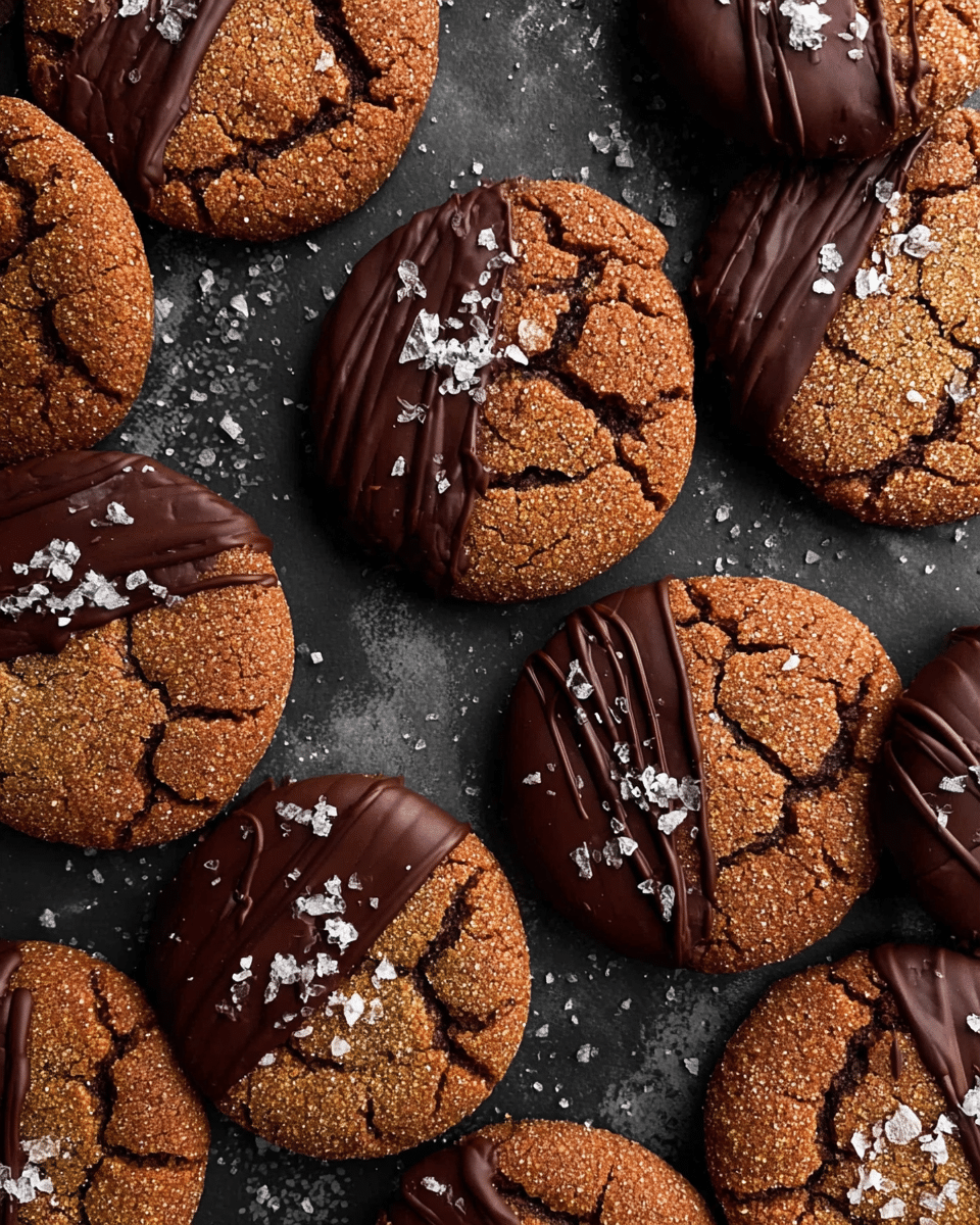 Round cookies are spread out on a dark textured surface with a white marbled texture. Each cookie has a cracked, rough top layer of brown sugar with a slightly crumbly texture. Half of each cookie is covered in smooth, dark chocolate, with a glossy finish and thin chocolate drizzles adding detail. Small pieces of light-colored salt flakes are scattered on the chocolate parts, giving a contrast in texture and color. The cookies are thick and closely packed, some touching each other. photo taken with an iphone --ar 4:5 --v 7