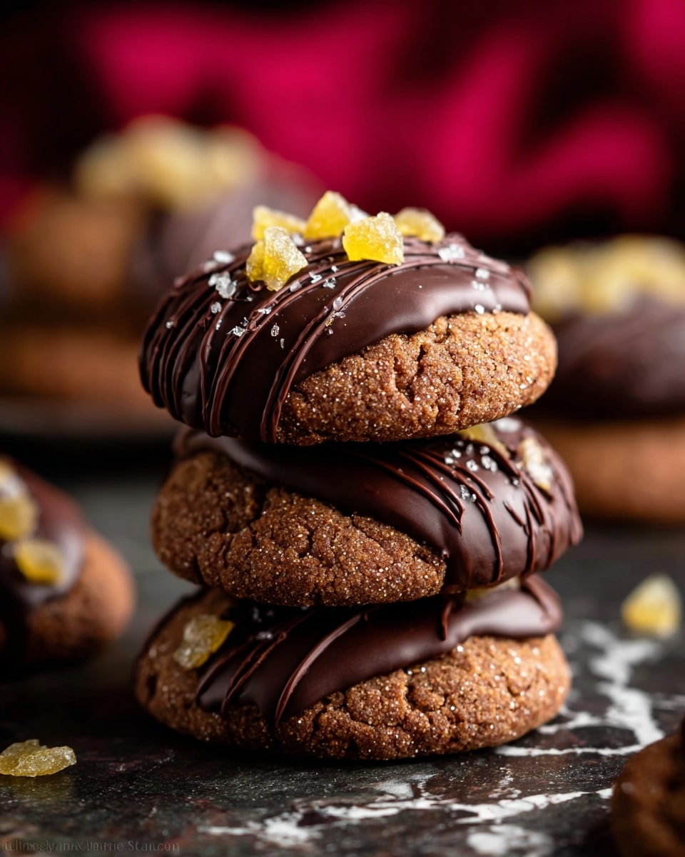 A close-up of a stack of three cookies in the center on a dark, textured surface with a white marbled texture. Each cookie has two layers: a rough-textured brown cookie base, and a thick layer of smooth, dark chocolate covering half of the cookie, topped with small pieces of light yellow candied ginger and thin dark chocolate drizzle in curved lines. The cookies have a slightly cracked surface with sugar crystals visible. The background is blurry with hints of more cookies and a red cloth. Photo taken with an iphone --ar 4:5 --v 7