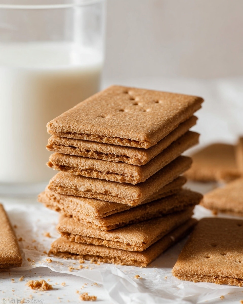 A close-up image of a stack of nine rectangular graham crackers positioned in the center on white parchment paper, showing their rough, crumbly texture and light brown color with tiny holes on the top surface; some crumbs scattered around the base. In the background, a tall glass of white milk sits slightly blurred, placed on a white marbled surface. The overall scene is softly lit, emphasizing the natural texture and warm tone of the graham crackers. Photo taken with an iphone --ar 4:5 --v 7