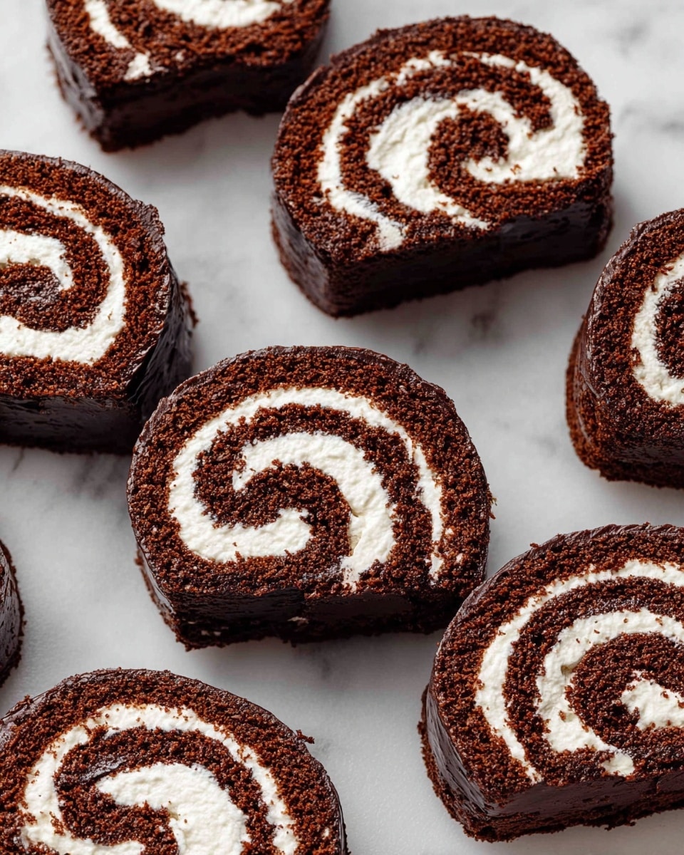 Several slices of chocolate roll cake are closely placed on a white marbled surface. Each slice shows three layers: a dark brown, soft chocolate sponge cake rolled with a thick, white cream layer inside, creating a visible spiral pattern. The outer edge of each slice is coated with a smooth, dark chocolate glaze. The texture of the cake looks moist and fluffy, while the cream is smooth and airy. photo taken with an iphone --ar 4:5 --v 7