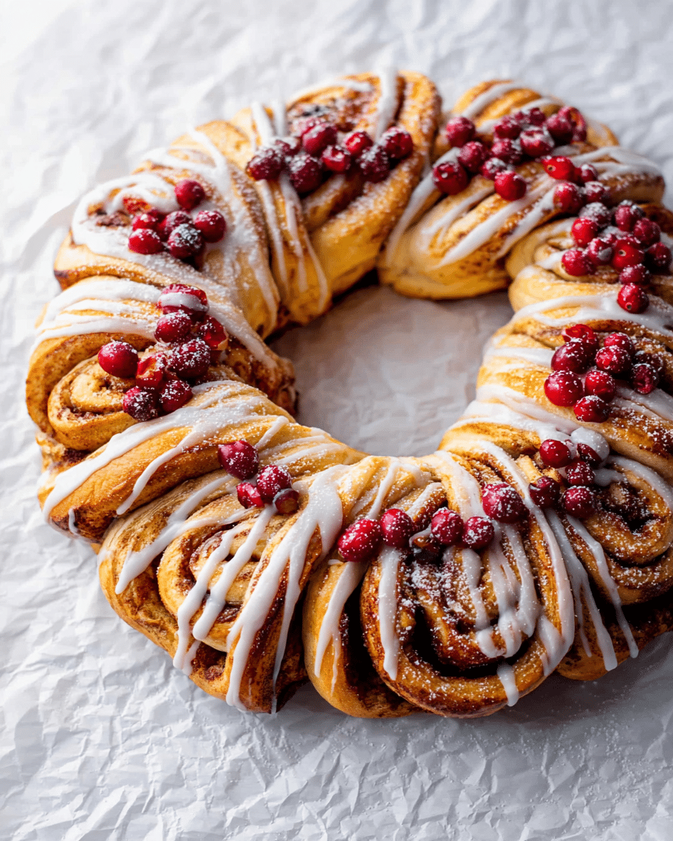 A ring-shaped cinnamon roll wreath with multiple twisted layers of golden-brown dough showing spirals of cinnamon sugar filling, each section topped with white icing drizzled over in streaks, and scattered bright red cranberries placed on top and inside the hollow center, all set on crumpled white parchment paper against a white marbled background. photo taken with an iphone --ar 4:5 --v 7