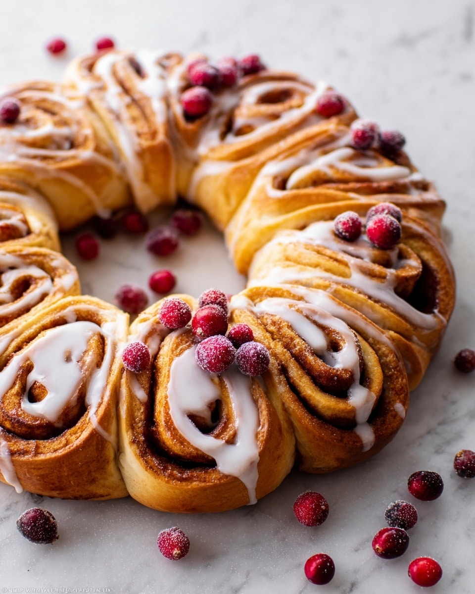 A ring-shaped cinnamon roll wreath is placed on a white marbled surface, composed of multiple golden brown spiraled layers showing cinnamon filling inside each roll. Each roll is drizzled with white icing, which adds a glossy texture over the warm bread. Scattered around the wreath and on some rolls are small, bright red cranberries, adding pops of color that contrast against the warm tones of the cinnamon rolls and the white icing. The wreath is arranged in a circular pattern with the soft, fluffy layers visible. Photo taken with an iphone --ar 4:5 --v 7