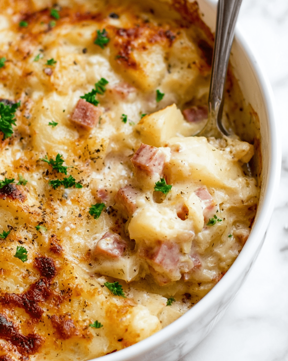 A close-up view of a creamy casserole dish inside a white bowl shows layers of soft, cubed potatoes mixed with small chunks of light brown ham. The top layer is covered with a melted, golden brown cheese sauce sprinkled evenly with small green parsley pieces and black pepper. The texture looks smooth and gooey with some browned crispy spots on the surface. A silver spoon is partly scooping some of the casserole, revealing the thick sauce and the tender potatoes beneath. The background is a white marbled texture. Photo taken with an iphone --ar 4:5 --v 7