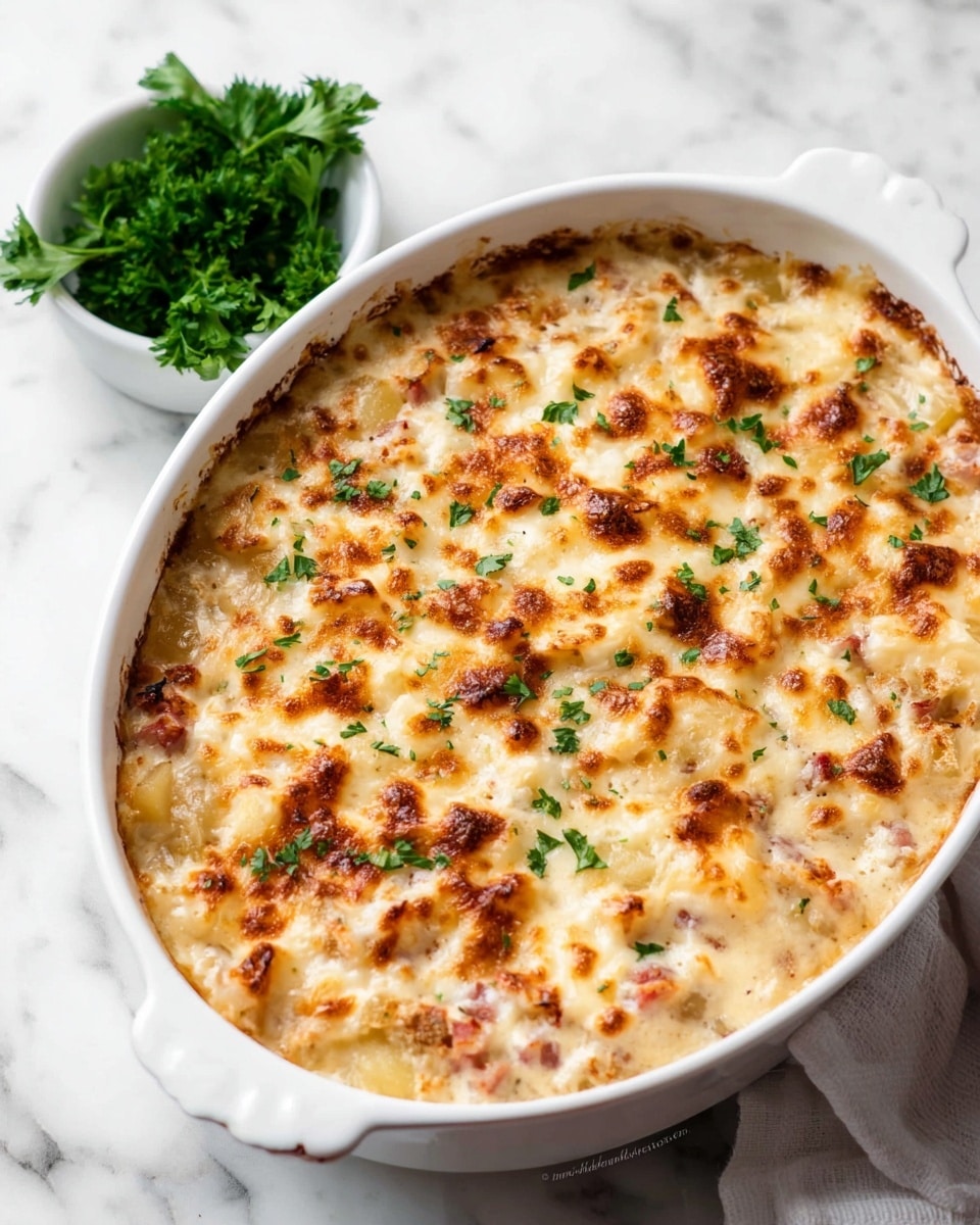 A white dish filled with a creamy, baked casserole that has a slightly golden, bubbly top layer with small browned spots. The top layer is made of melted cheese mixed with chunks of potatoes and bits of ham, spread evenly throughout. Small specks of green herbs are scattered on top for a fresh color contrast. The edges show a slightly darker, crispy texture where the cheese has browned. Next to the dish, there is a small white bowl with fresh green parsley leaves. The dish is placed on a white marbled surface. photo taken with an iphone --ar 4:5 --v 7