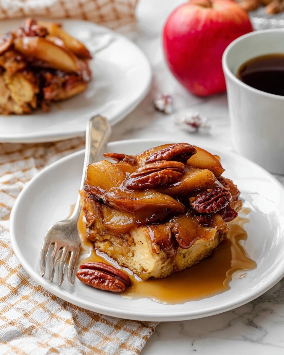A white plate holds a layered slice of bread pudding topped with warm, glossy apple slices and whole pecans, all covered in a rich syrup that pools slightly around the edges. The bread base is golden brown and slightly crispy, while the apple topping is caramelized with a soft, shiny appearance and warm brown color. One pecan sits beside the bread pudding on the plate. A silver fork rests on the left edge of the plate. In the background, part of another white plate with more bread pudding and pecans is visible, along with a whole red apple and a white cup filled with a dark liquid, all set on a white marbled surface with a beige checkered cloth. photo taken with an iphone --ar 4:5 --v 7