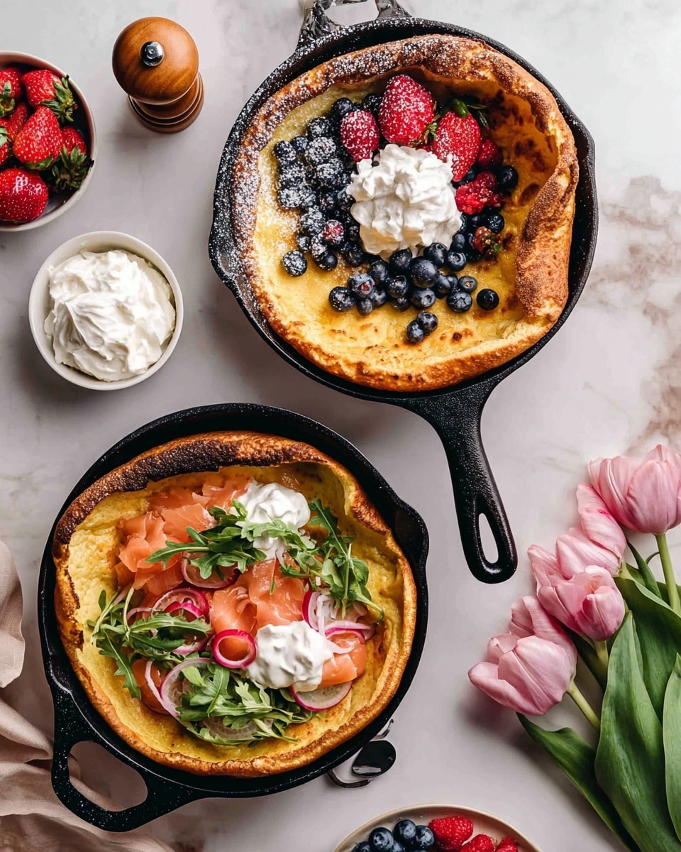 Two cast iron skillets each hold a Dutch baby pancake on a white marbled surface. The top skillet has a golden brown pancake with a puffed, slightly crispy edge, topped with a dollop of white whipped cream, and a mix of fresh berries including blueberries, strawberries, and raspberries dusted with powdered sugar on one side. The bottom skillet holds a savory pancake with a golden crust, topped with thin slices of pink smoked salmon, bright red cherry tomatoes, pickled onions, fresh green arugula, and two dollops of white cream. Surrounding the skillets are a white bowl of whipped cream, a pepper grinder, a white bowl filled with blueberries, a plate of smoked salmon and cherry tomatoes, and three pink tulips on the right. photo taken with an iphone --ar 4:5 --v 7