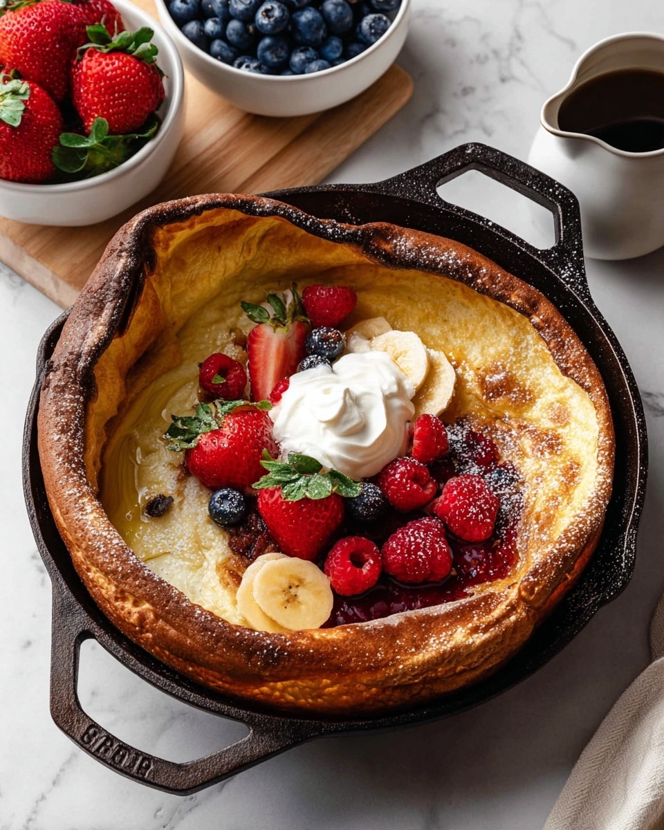 A thick, golden-brown Dutch baby pancake with a puffed, crispy edge fills a black cast iron skillet. On top, there is a creamy white dollop of whipped cream at the center, surrounded by an assortment of fresh red raspberries, strawberries with green tops, and blueberries, along with a few slices of cooked banana arranged slightly to one side. The pancake’s surface looks shiny, likely from syrup or a glaze, giving a moist texture. The skillet sits on a white marbled wooden surface, next to a white bowl filled with blueberries, a white bowl with strawberries and raspberries, and a small white pitcher of dark syrup. photo taken with an iphone --ar 4:5 --v 7