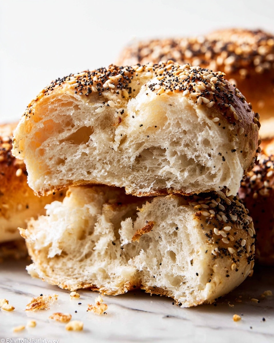 A close-up image of two cut bagel halves stacked; the top half shows a golden brown crust covered with sesame seeds, revealing a soft and fluffy light beige inside with a chewy texture. The bottom half has a crust with a mix of black poppy seeds and sesame seeds, also exposing a soft and airy inside. Scattered seeds and crumbs are visible on the white marbled surface around the bagels. The lighting highlights the texture and layers clearly. photo taken with an iphone --ar 4:5 --v 7