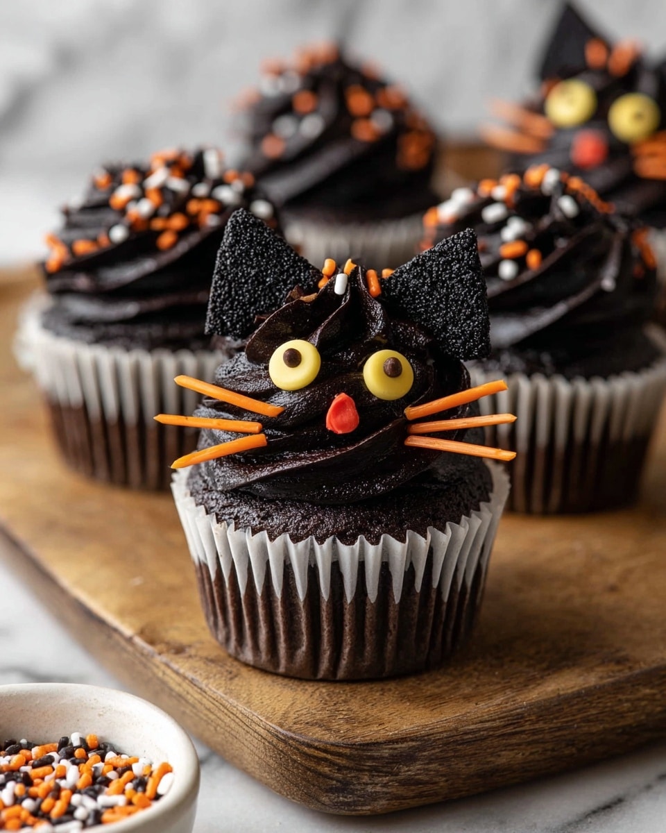 A cupcake with dark chocolate cake in a white paper liner sits on a wooden board with a white marbled background. The cupcake is topped with thick swirls of black chocolate frosting covered in fine black sprinkles. Two triangular milk chocolate pieces at the back form cat ears. Two large yellow candy eyes with black slits sit near the top center. A small round red candy nose is placed in the middle, with six thin orange candy sticks arranged like whiskers, three on each side. Surrounding the main cupcake are similar cupcakes with black frosting decorated with orange, white, and black sprinkles. A white bowl with matching sprinkles is partly visible at the lower left corner. photo taken with an iphone --ar 4:5 --v 7