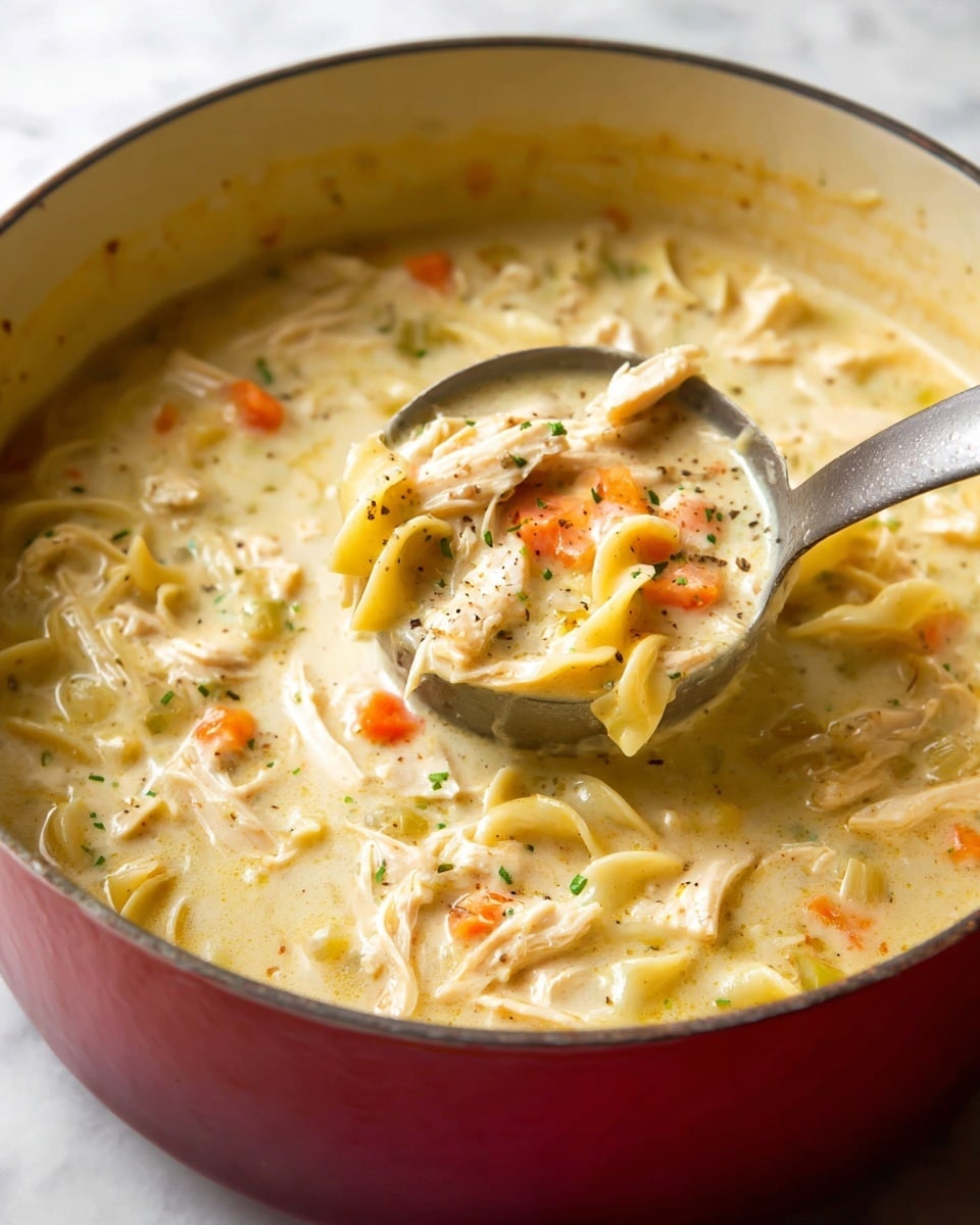 A close-up view of a creamy chicken noodle soup in a round white bowl with a red outer side, showing thick, pale yellow broth mixed with shredded chicken pieces, soft egg noodles, and small bits of orange carrot and green celery throughout. A metal ladle is lifting a portion of the soup, highlighting the smooth texture of the broth and the tender chunks of chicken and vegetables inside. The bowl sits on a white marbled textured surface, and the image captures the rich, hearty feel of the soup. Photo taken with an iphone --ar 4:5 --v 7