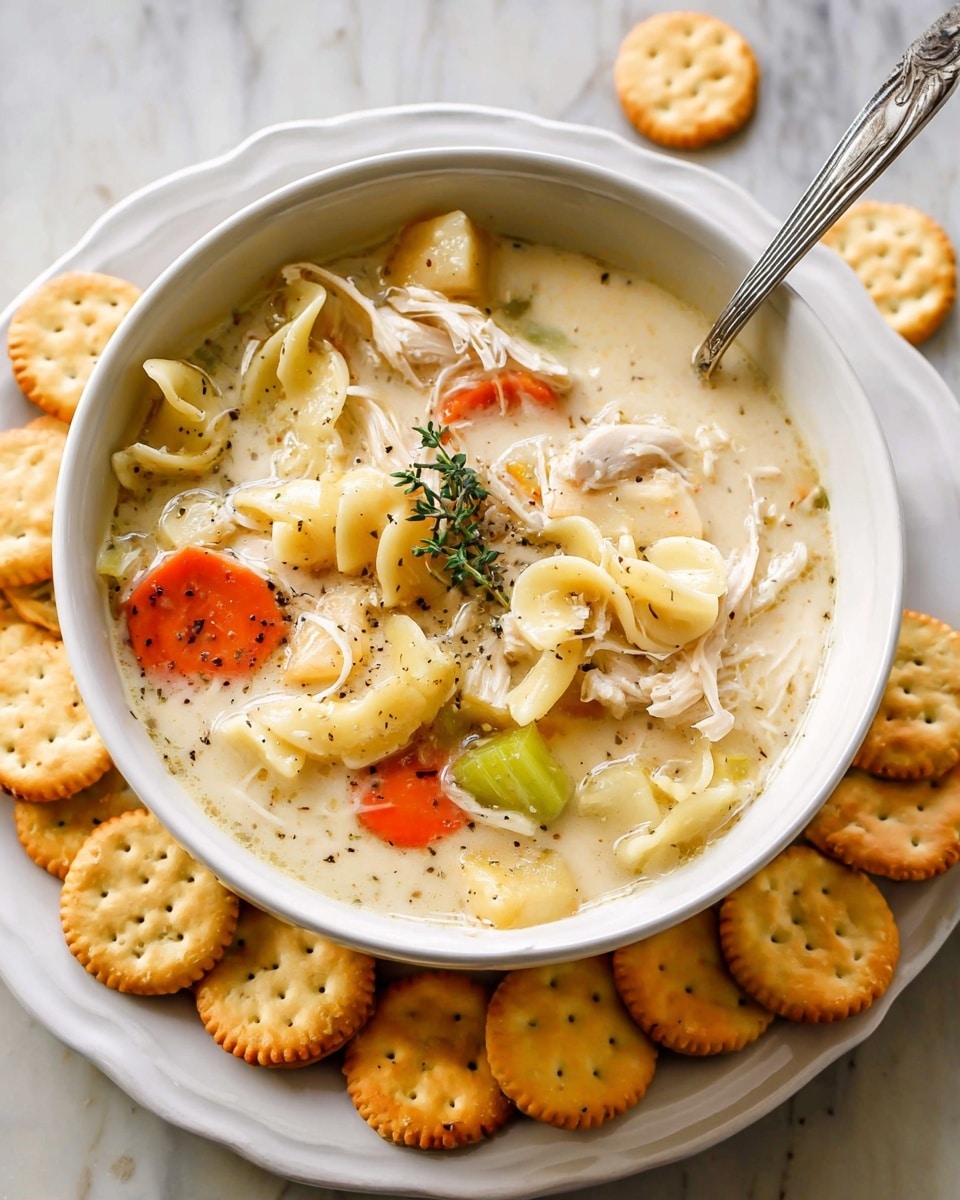 A white bowl filled with creamy chicken noodle soup showing shredded chicken pieces, soft yellow egg noodles, round orange carrot slices, and green celery chunks, topped with a small sprig of fresh green thyme. The soup is thick and pale in color with visible black pepper specks. The bowl sits on a white plate, which is crowded with small round golden oyster crackers, some in the soup and others scattered around the plate on a white marbled textured surface. A silver spoon rests inside the bowl, partially submerged in the soup. photo taken with an iphone --ar 4:5 --v 7
