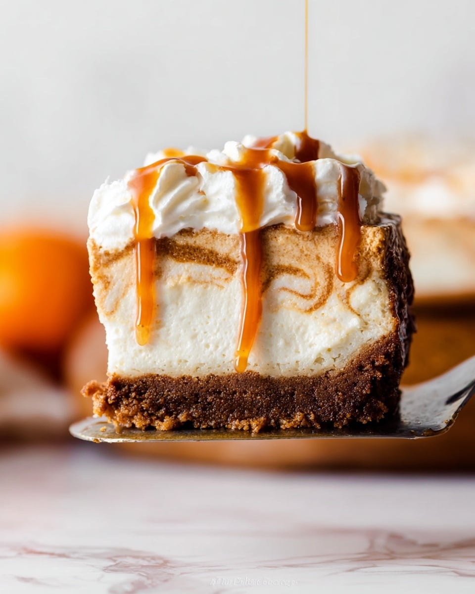 A close-up slice of layered cake held on a metal spatula shows three main layers: a dark brown crumbly crust at the bottom, a thick cream-colored middle layer with light brown swirls, and a fluffy white whipped topping on top. Drizzles of glossy caramel sauce run down the whipped topping and slightly onto the swirled layer. The background is softly blurred with a white marbled surface underneath and hints of orange and cream-colored shapes in the distance. photo taken with an iphone --ar 4:5 --v 7