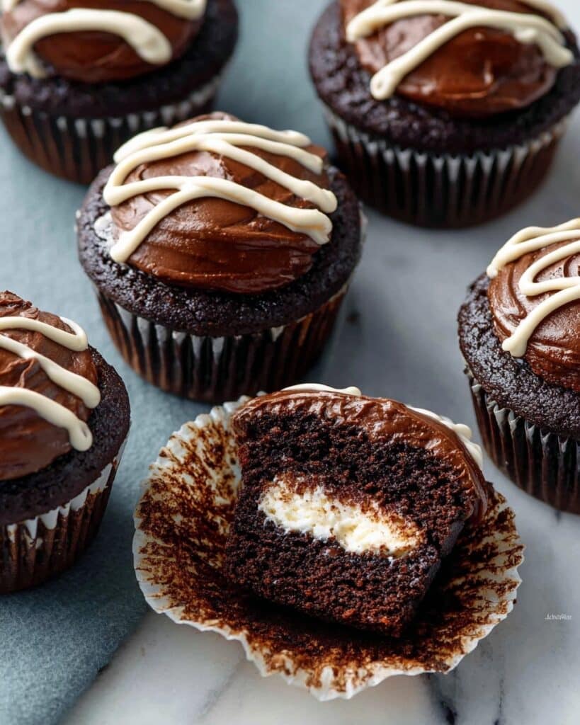 Cream-Filled Chocolate Cupcakes with Ganache and Vanilla Buttercream Recipe