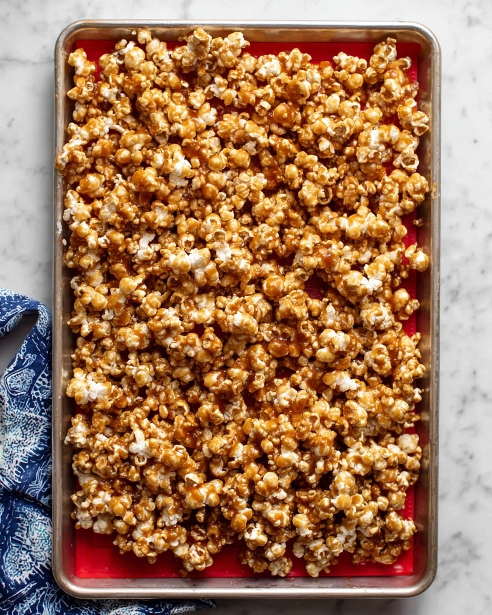 A large silver baking tray holds a single thick layer of caramel popcorn, each popcorn piece coated in a shiny golden-brown caramel glaze with some white popcorn parts peeking through, spread evenly across a red silicone mat beneath. The tray sits on a white marbled surface with a blue and white patterned cloth partially visible on the bottom left corner. photo taken with an iphone --ar 4:5 --v 7
