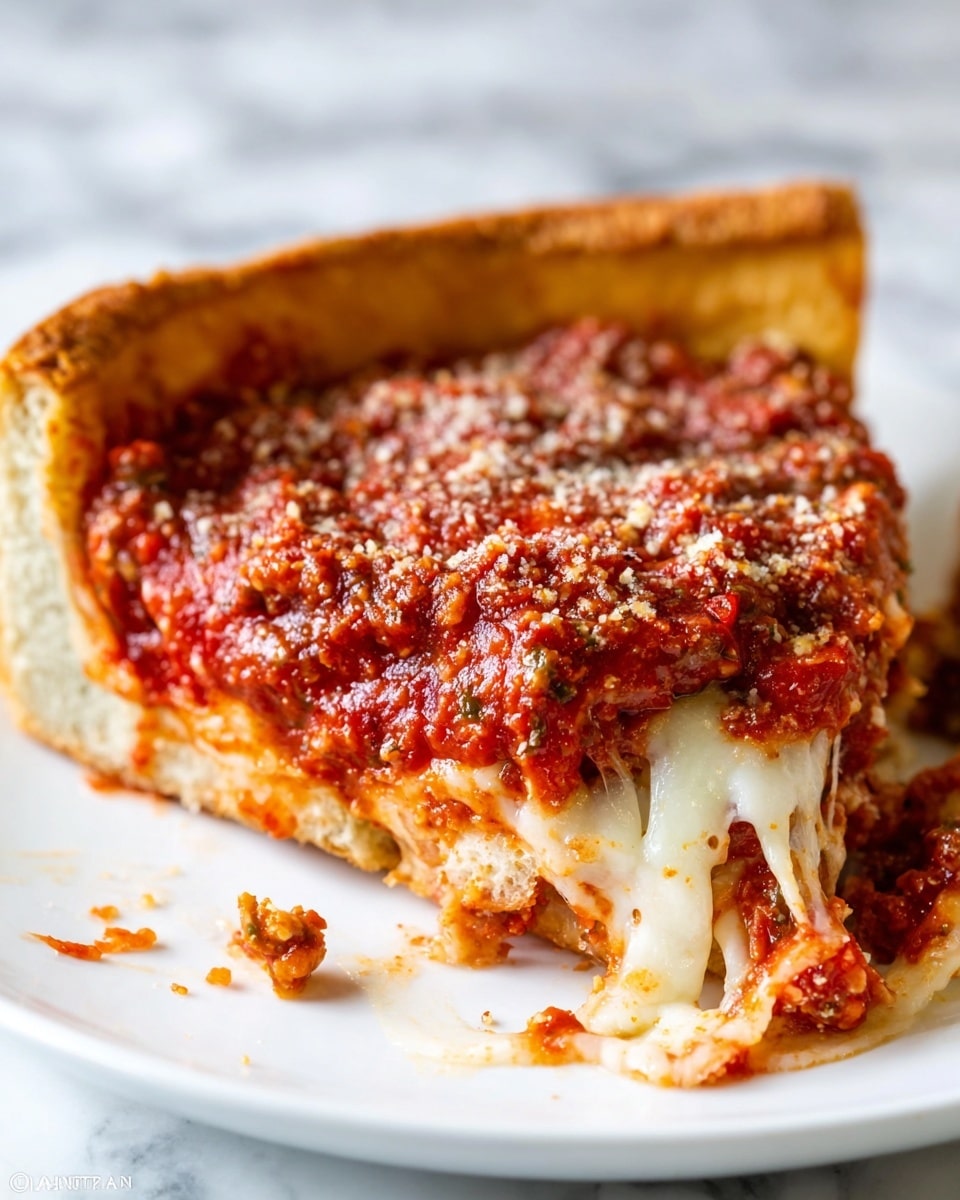 The image shows a close-up of a slice of deep-dish pizza resting on a white plate with a white marbled surface beneath. The slice has a thick, golden-brown crust forming a high edge on the top left. Inside the crust, there is a layer of melted white cheese with a soft, stringy texture under a thick, chunky red tomato sauce mixed with bits of meat and spices, sprinkled with grated cheese or seasoning on top. The bottom crust is visible, showing a soft, bread-like texture, slightly bitten at the bottom right. Some sauce and cheese have spilled onto the plate. Photo taken with an iphone --ar 4:5 --v 7