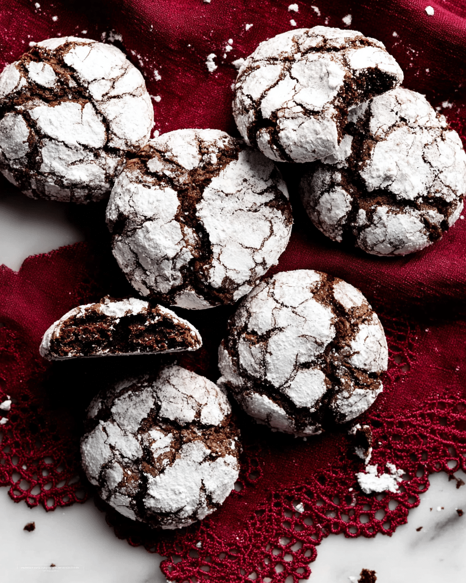 A close-up view of several round chocolate crinkle cookies lying on a deep red cloth with a lacy edge on a white marbled surface. Each cookie shows a cracked pattern, with a dark brown chocolate base clearly visible beneath a thick, uneven layer of powdered white sugar dusted on top. Some cookies are broken open, revealing a moist, rich chocolate inside. The cookies are arranged casually in a loose cluster with crumbs scattered nearby. photo taken with an iphone --ar 4:5 --v 7
