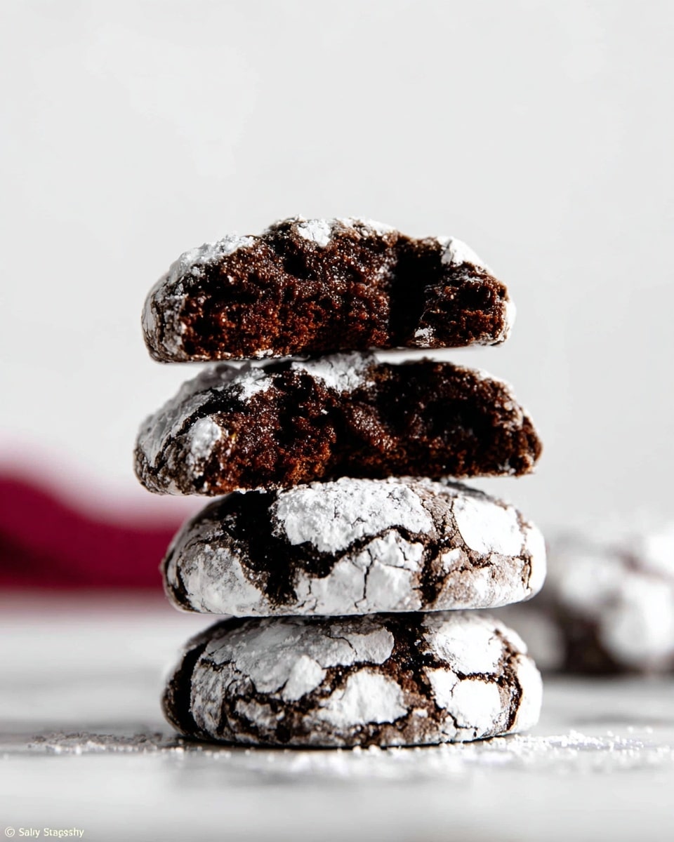 A stack of three dark chocolate crinkle cookies is shown on a white marbled surface, with the top two cookies broken in half to reveal a dense, moist, and crumbly interior. Each cookie is coated unevenly with white powdered sugar that cracks to show the rich, dark brown cookie beneath. The bottom cookie is whole, while the others are layered directly on top, giving a close-up view of the texture and contrast between the dark chocolate and the snowy white sugar. The background is mostly bright and softly blurred, highlighting the cookies' texture. Photo taken with an iphone --ar 4:5 --v 7