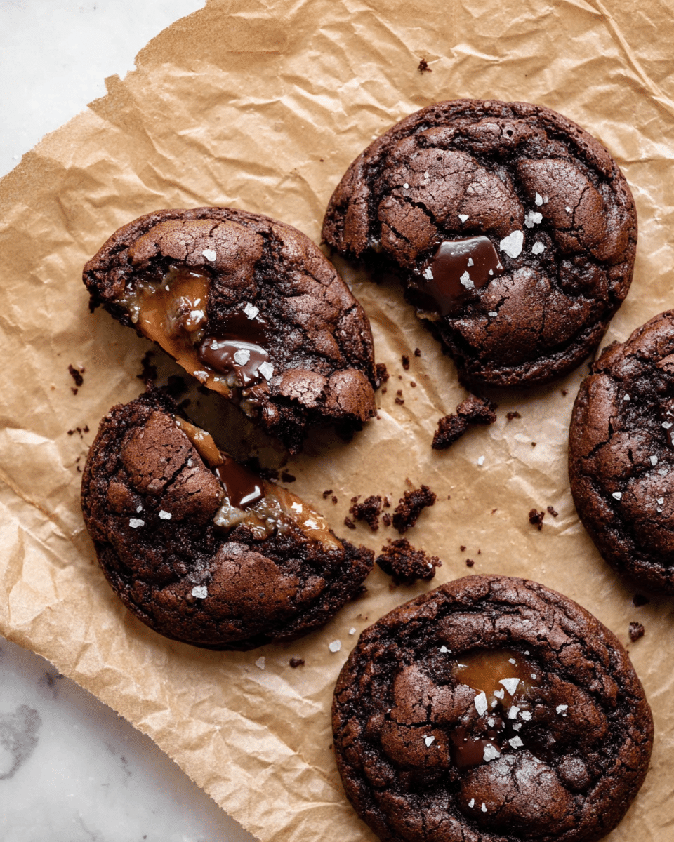 Four dark brown chocolate cookies with a cracked and slightly rough surface are arranged on crumpled brown parchment paper over a white marbled texture. The cookie at the top is broken in half, revealing a few shiny chocolate chunks and a smooth layer of melted caramel inside. Small chunks of coarse sea salt are sprinkled over the cookies, adding a light white contrast on top. Some cookie crumbs lie near the broken cookie, giving a fresh-baked feel. photo taken with an iphone --ar 4:5 --v 7