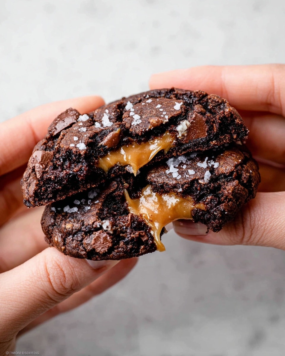 A dark brown, rich chocolate cookie is broken in half by two woman's hands, revealing a gooey, stretchy caramel center inside. The cookie's surface is textured with cracks and sprinkled with coarse white sea salt. The outer layer looks soft and slightly crumbly with visible chocolate chunks embedded inside. The background is a white marbled texture. photo taken with an iphone --ar 4:5 --v 7