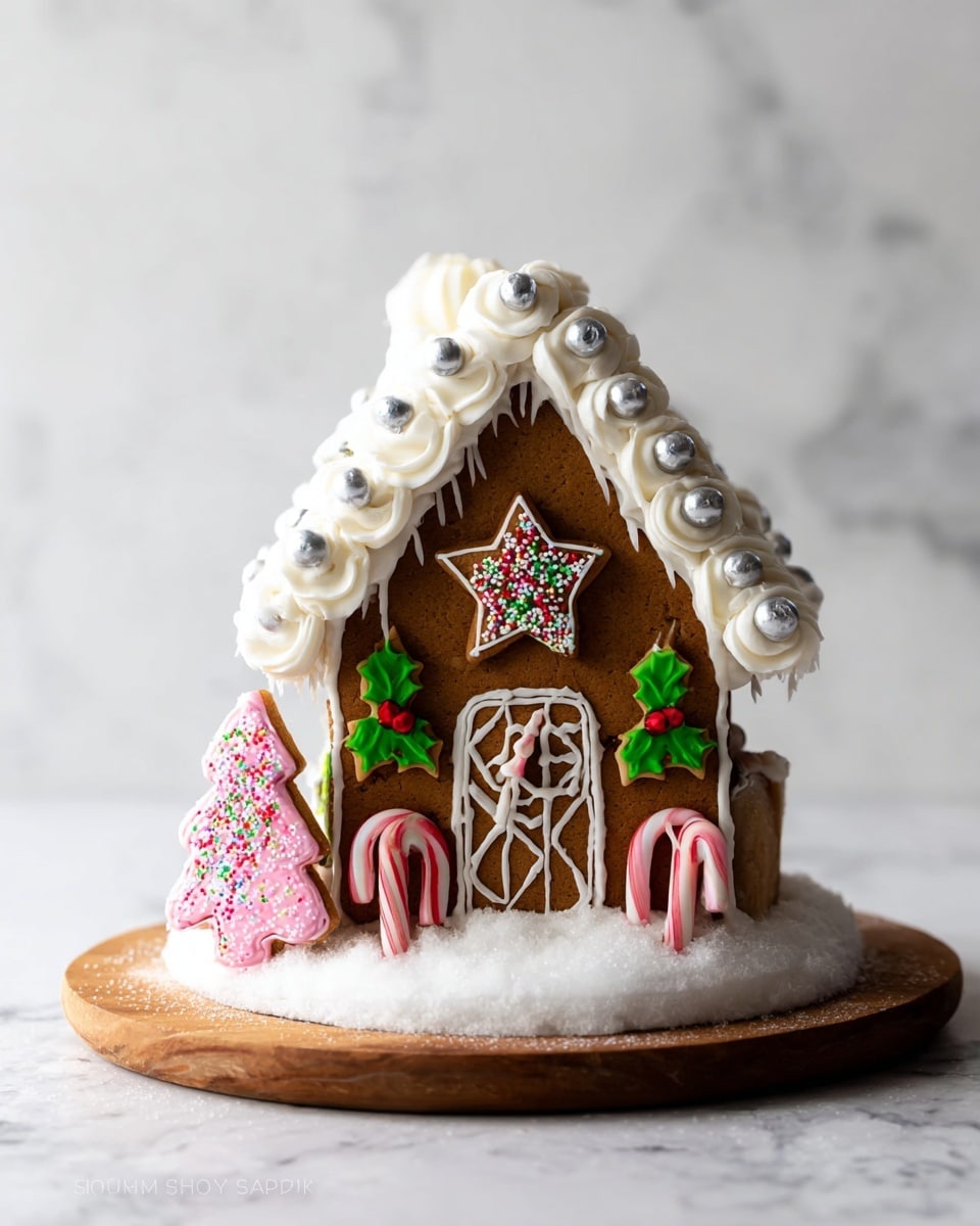 A small gingerbread house sits on a round wooden base with white icing shaped like snow around its edges. The house has two visible walls and a peaked roof covered in white icing piped to look like thick scallops, with silver balls placed at regular intervals. The front wall is brown gingerbread with white piped icing making a rectangular decorated door at the center. Above the door is a star-shaped cookie with colorful red, green, and white sprinkles. Two green holly leaf cookies with red berries are on either side of the star. At the base of the house, two candy canes lean against the corners. To the left of the house is a small pink tree-shaped cookie with colorful sprinkles on it. The whole scene is set on a flat surface with a white marbled texture. photo taken with an iphone --ar 4:5 --v 7