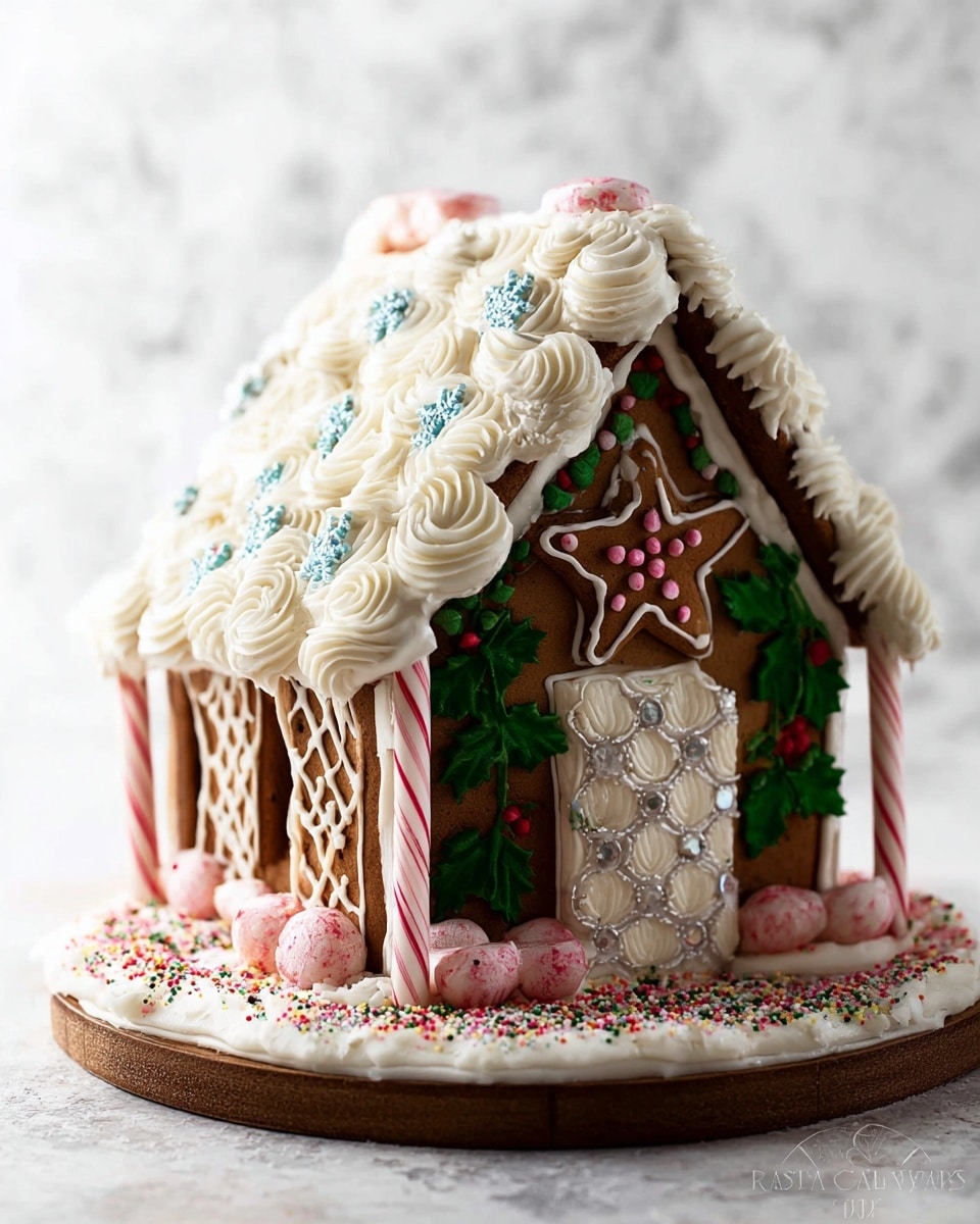A small gingerbread house with four walls and a pitched roof is decorated heavily with white icing in swirled patterns covering the roof like snow, dotted with small blue snowflake shapes and silver balls. The front wall shows green leaves and red berry icing decorations under a brown star cookie with red, white, and green dots. The door is covered in bumpy white icing with a pink candy bead in the middle. Candy canes stand on both sides of the house, and round peppermint candies line the gingerbread walls near the base. The house sits on a large white area covered with swirled thick white icing and multicolored sprinkles, all placed on a wooden round base. Photo taken with an iphone --ar 4:5 --v 7