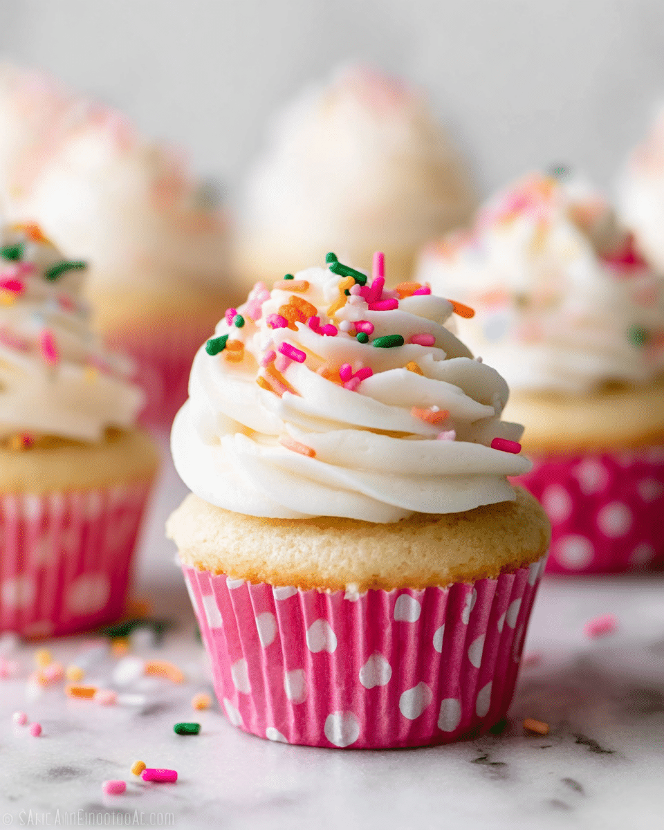 A close-up view of a cupcake with two layers, the bottom layer is a light yellow soft cake wrapped in a pink paper cup with white polka dots. The top layer is a thick swirl of smooth white frosting decorated with colorful tiny sprinkles in red, orange, yellow, pink, and green scattered on top and around the cupcake. Several similar cupcakes are blurred in the background on a white marbled surface, with a few sprinkles lying scattered near the front. Photo taken with an iphone --ar 4:5 --v 7