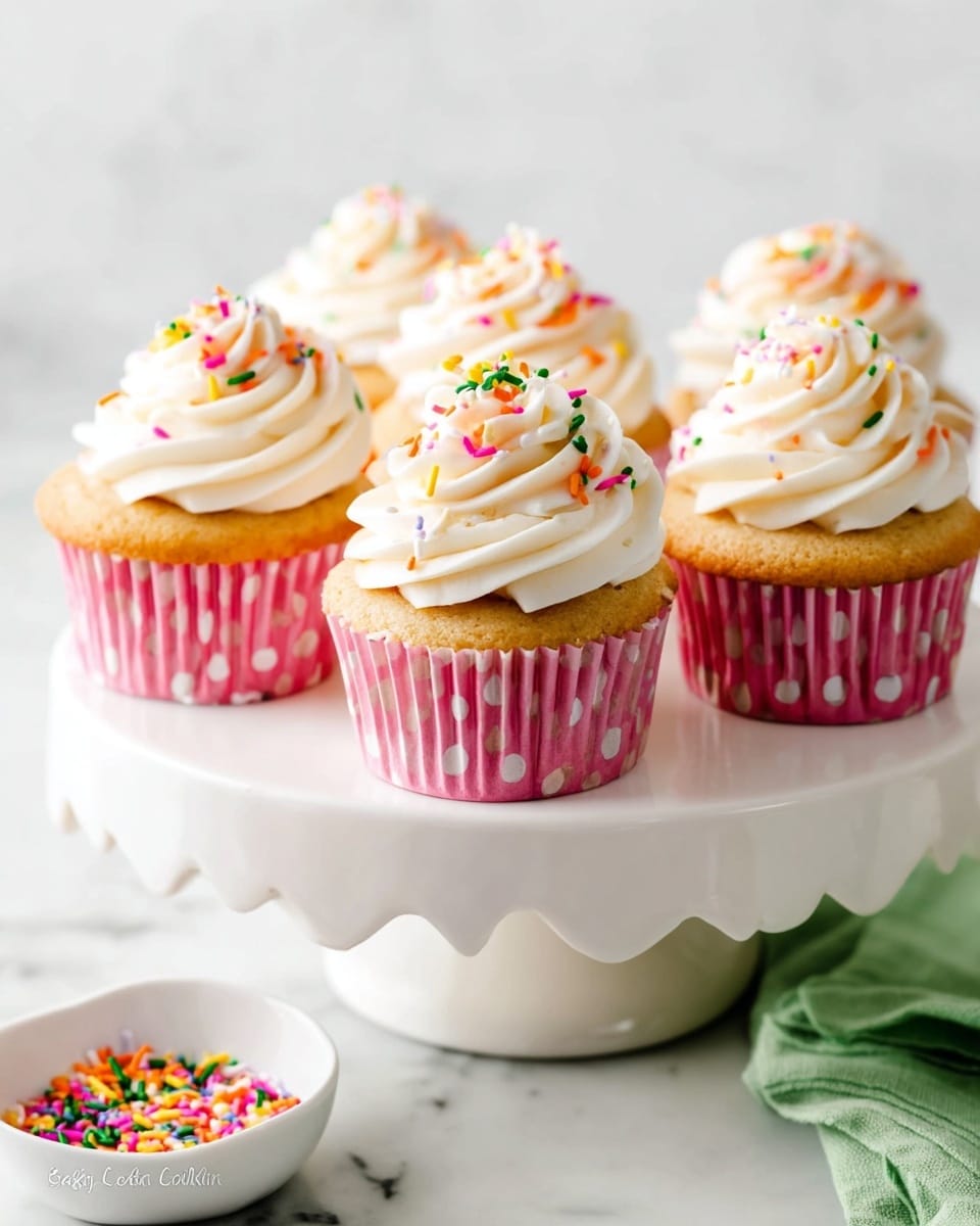 A group of five vanilla cupcakes each with two layers: a light golden brown base in pink liners with white polka dots, and a thick piped swirl of smooth white frosting on top, decorated with small colorful rainbow sprinkles in pink, yellow, green, orange, and red; the cupcakes are arranged closely on a white cake stand with a wavy edge, placed on a white marbled surface, with a small white bowl of sprinkles and a folded green napkin in the background. photo taken with an iphone --ar 4:5 --v 7
