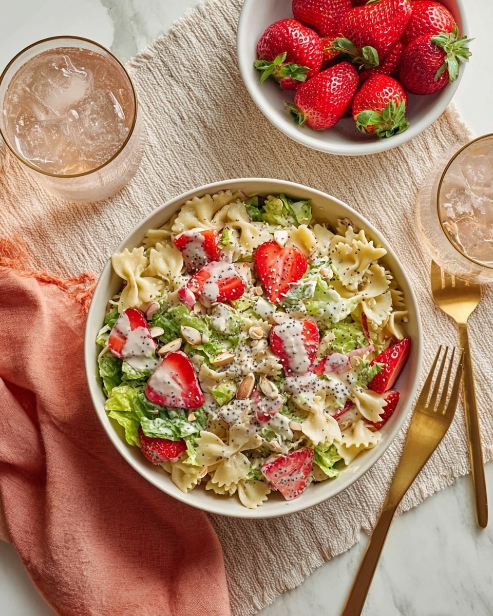 A white bowl is filled with a colorful salad showing three layers: the base layer consists of bowtie pasta with a pale yellow color and smooth texture, scattered throughout are chopped green lettuce leaves adding a fresh touch; the middle layer features bright red strawberry slices spread evenly across the pasta and greens, their juicy texture visible; the top layer is lightly drizzled with white creamy dressing containing tiny black poppy seeds, sprinkled with small white crumbles of cheese and thin almond slices. The bowl sits on a beige textured cloth over a white marbled surface, beside a small white bowl filled with whole red strawberries, and there are two glasses of sparkling water with ice, along with gold-colored spoon and fork resting on a folded peach cloth. Photo taken with an iphone --ar 4:5 --v 7