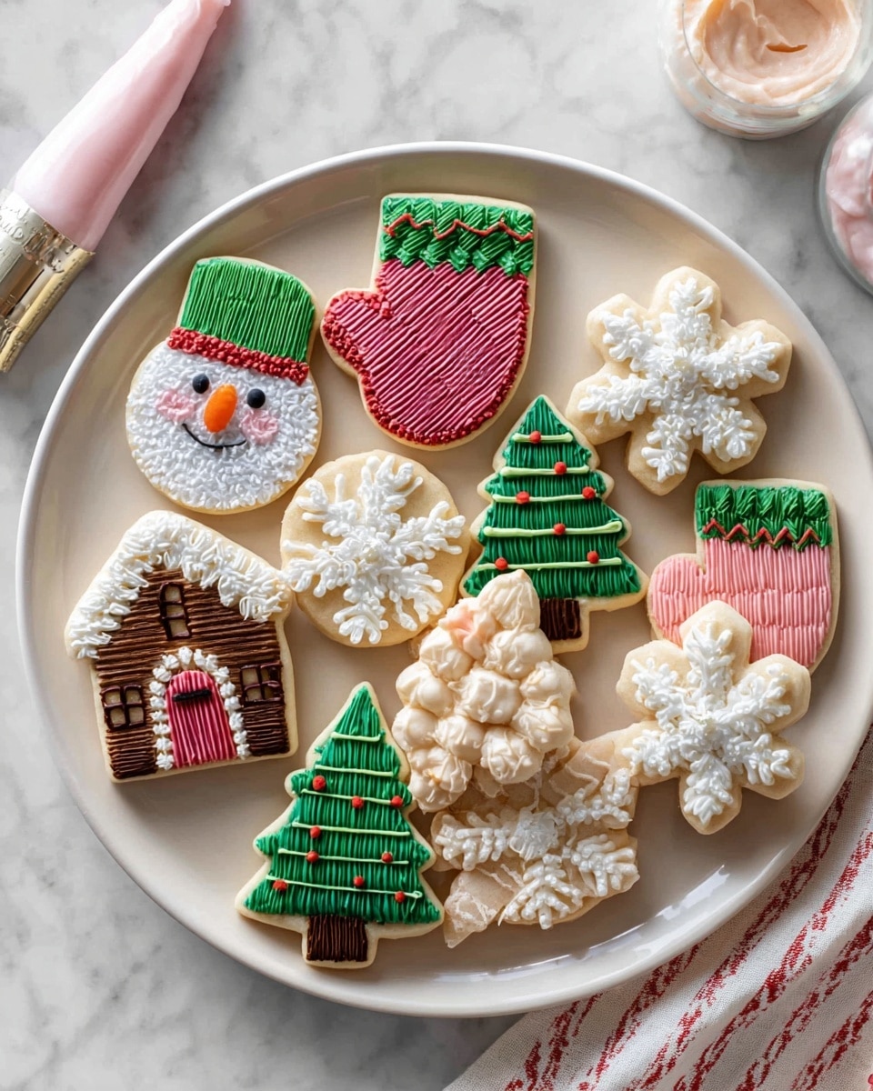 A white round plate is filled with ten Christmas-themed cookies with colorful icing in different shapes and textures. There are two round snowman faces with white sparkling icing, orange carrot noses, brown dot eyes, and green or pink hats with thick textured icing. Two Christmas mittens have green and red woven patterns with white cuffs at the bottom. Two small houses have brown ridged icing roofs, white snow-like borders, and red doors. Three Christmas trees have dark green ridged icing leaves decorated with small white balls and brown trunks. Two snowflakes have white textured icing forming six intricate arms each. The plate rests on a white marbled surface and two piping bags filled with pink and white icing lay nearby. photo taken with an iphone --ar 4:5 --v 7