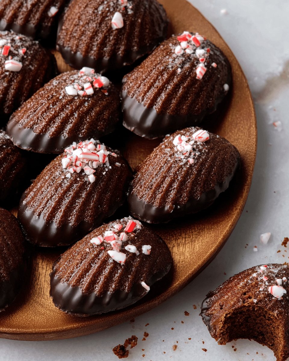 A wooden platter holds multiple dark brown madeleine cakes arranged closely together, each with a textured ridged bottom and a smooth top half dipped in shiny dark chocolate. Small white and red crushed peppermint candy pieces are sprinkled unevenly over the chocolate-coated part. One madeleine at the top right has a bite taken out, showing a soft, crumbly interior. The platter sits on a white marbled surface with a few crumbs scattered around. photo taken with an iphone --ar 4:5 --v 7