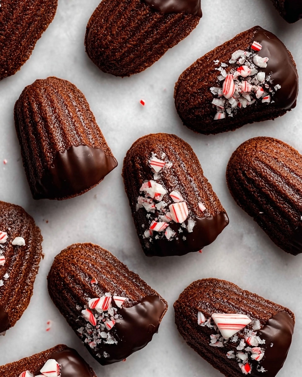 The image shows several small, shell-shaped chocolate cakes called madeleines arranged on a white marbled surface. Each madeleine has one half covered in smooth, dark chocolate glaze topped with small pieces of white and red crushed peppermint candy. The other half of the cakes reveals a soft, dark brown, textured chocolate sponge. The cakes are placed in a scattered but neat pattern, showcasing the contrast between the glossy chocolate side with candy bits and the matte cake side. photo taken with an iphone --ar 4:5 --v 7