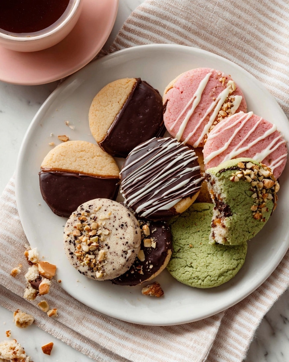 A white plate holds seven round cookies arranged in a loose pile on a white marbled striped cloth. There are two light beige cookies partially dipped on one side in glossy dark chocolate and caramel, sprinkled with small chopped nuts. A pink cookie with thin white drizzle lines across its top lies next to them. A round green cookie with bits of chocolate inside is dipped halfway in dark chocolate, showing a bite taken out on the left side. In the center, a speckled beige cookie has thin black and white chocolate drizzle lines across the top. Below these, there is a brown cookie with small nut pieces. Crumbs scatter around the plate. A pink cup with chocolate drink sits beside the plate. Photo taken with an iphone --ar 4:5 --v 7