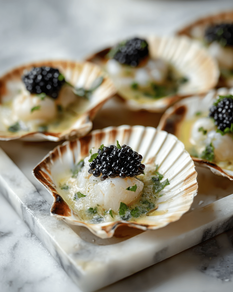 The image shows a close-up of scallop shells arranged on a tray with a white marbled surface underneath. Each shell holds pieces of white scallop meat mixed with green herbs in a light creamy sauce, creating a soft texture. On top of the scallops, there is a small mound of shiny black caviar that adds a glossy and smooth layer with round beads. The shells have a natural off-white color with brown edges, and the whole setup looks fresh and elegant. Photo taken with an iphone --ar 4:5 --v 7