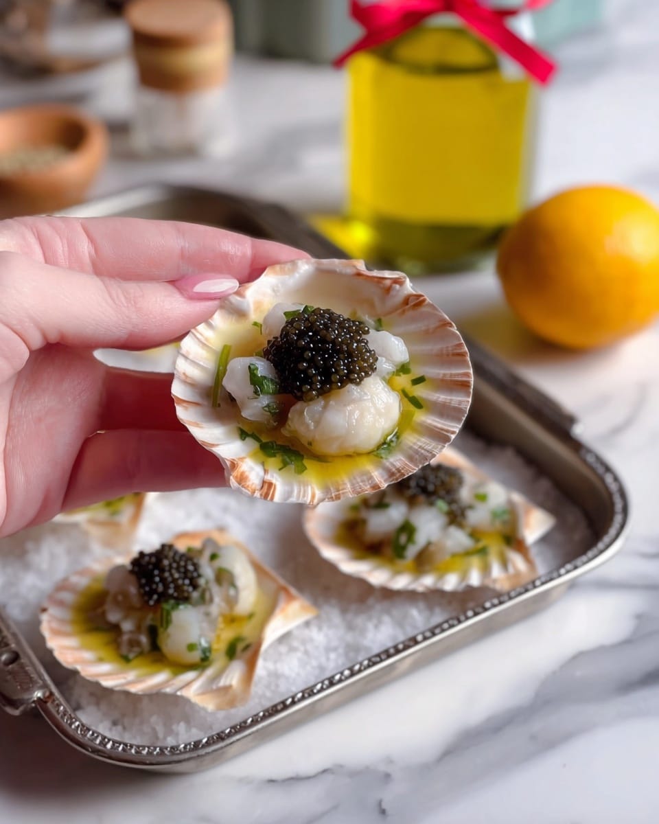 A woman's hand is holding a scallop shell filled with three layers: at the bottom, there is a light greenish-yellow oily layer, in the middle, white diced scallops mixed with small green herbs, and on the top, a small mound of shiny black caviar. In the background, more scallop shells with the same topping are placed in a silver tray lined with coarse white salt, resting on a white marbled surface; also visible are a bottle of yellowish liquid with a cork and a red ribbon and a bright orange lemon. Photo taken with an iphone --ar 4:5 --v 7