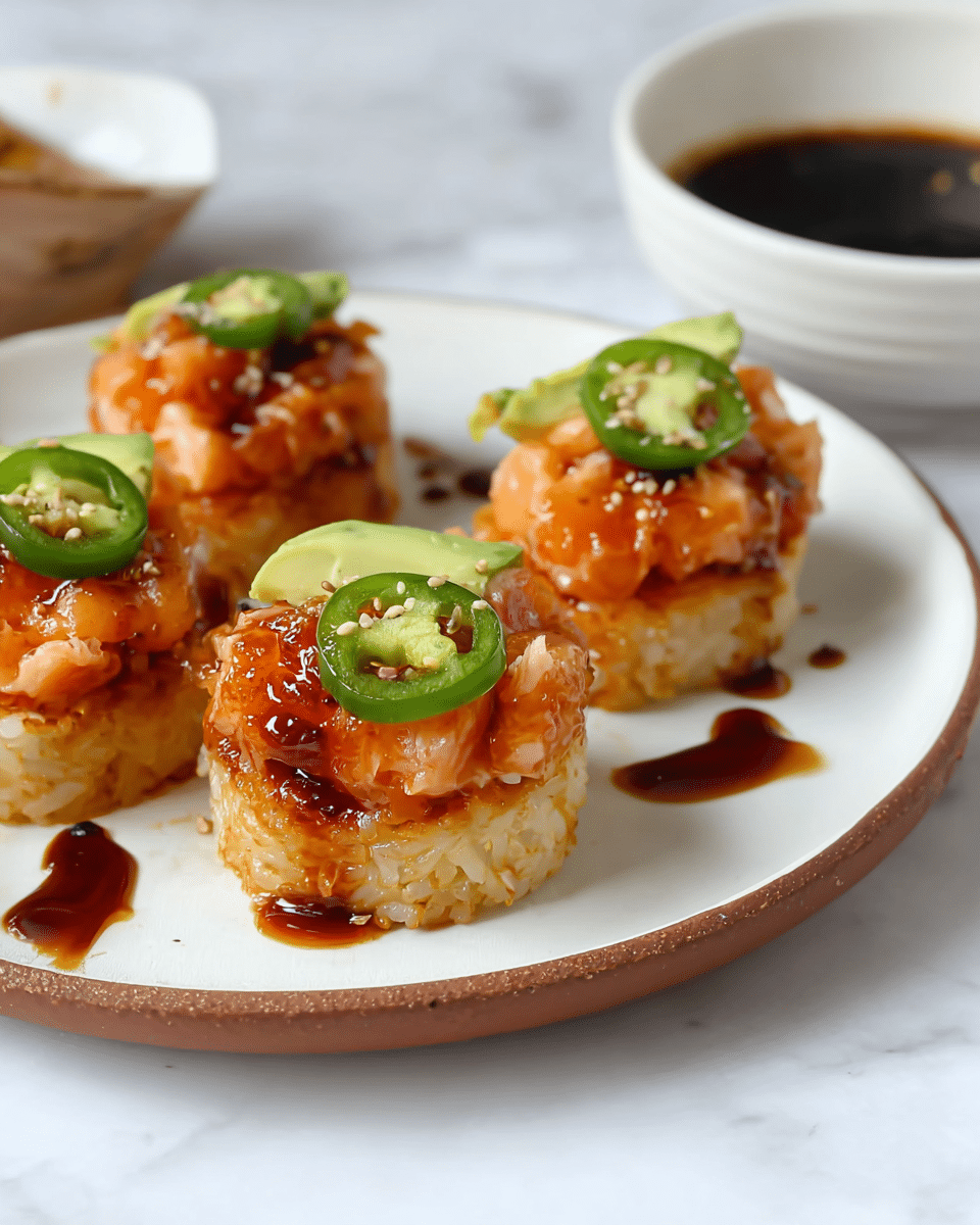 The image shows a white plate with a brown rim holding four sushi bites. Each bite has three layers: at the bottom, a crispy, golden-brown rice base; in the middle, a chunky, bright orange salmon mixture; on top, a small piece of light green avocado and a green jalapeño slice with visible seeds. The sushi bites have a shiny glaze of dark brown sauce drizzled over them. In the background, there is a white bowl with dark sauce inside, sitting on a white marbled surface. photo taken with an iphone --ar 4:5 --v 7