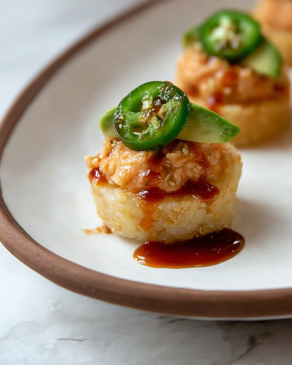 A close-up view of a small appetizer featuring three layers, served on a white plate with a brown rim placed on a white marbled surface. The base layer is a circular, pale golden, crispy texture, resembling fried rice or tempura. On top sits a creamy, light orange layer that looks like a finely chopped, sauced mixture. The final layer is a green garnish, consisting of a triangular slice of avocado topped with a round slice of green jalapeño pepper. A glossy dark brown sauce is drizzled over the avocado and the layers below, with a small amount dripping down the crispy base. Photo taken with an iphone --ar 4:5 --v 7