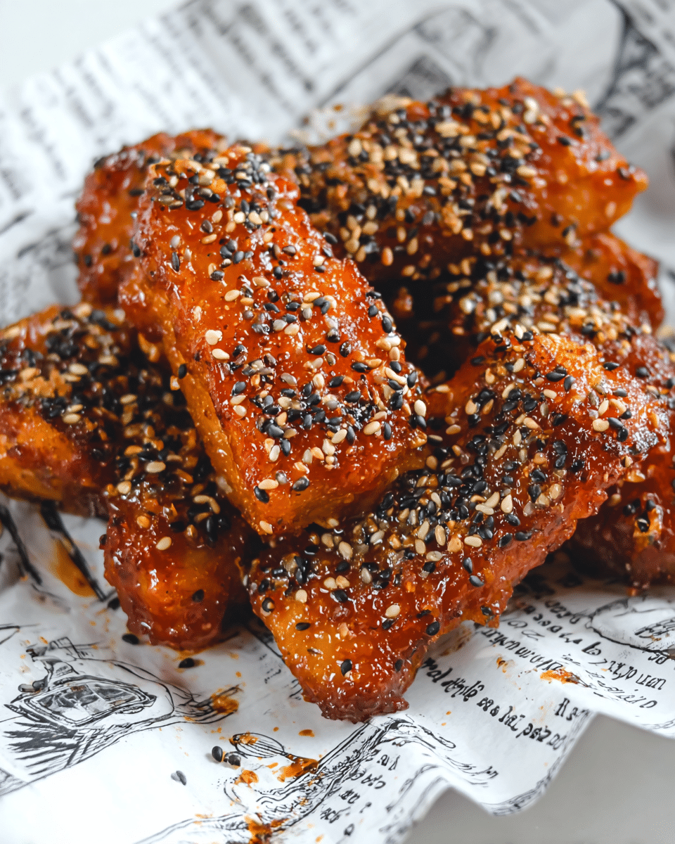 The image shows a close-up of several pieces of fried cheese sticks on a white plate lined with printed paper. Each cheese stick has a golden-brown crispy crust with a shiny glaze, topped with black and white sesame seeds. One cheese stick is broken in half in the foreground, revealing melted, gooey white cheese inside. The plate is placed on a white marbled surface, and the overall look is warm and appetizing. photo taken with an iphone --ar 4:5 --v 7