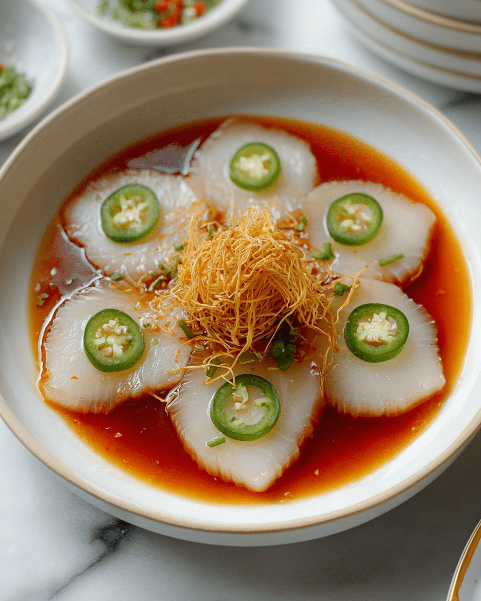 The dish shows five thin white fish slices arranged in a circle on a shallow white bowl. Each fish slice is topped with a bright green jalapeño slice, showing seeds and texture, floating partially in a glossy reddish-brown sauce that fills the bowl. At the center of the fish circle is a small nest of golden-brown crispy fried thin strands, adding height and texture contrast. The bowl sits on a white marbled surface, with a blurred white plate of thin crispy items in the background. photo taken with an iphone --ar 4:5 --v 7