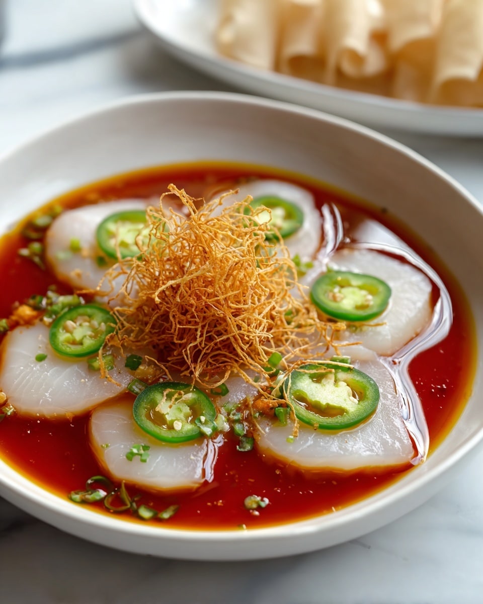 A white bowl holds six thin slices of pale, glossy raw fish arranged like flower petals in a circle. Each fish slice is topped with a single bright green slice of jalapeño pepper. In the center of the bowl is a small nest of golden, crispy fried strands. The fish and jalapeños rest in a pool of rich, reddish-orange sauce that fills the bowl partly. The bowl is set on a white marbled surface with a slightly blurred background showing parts of other white dishes. Photo taken with an iphone --ar 4:5 --v 7