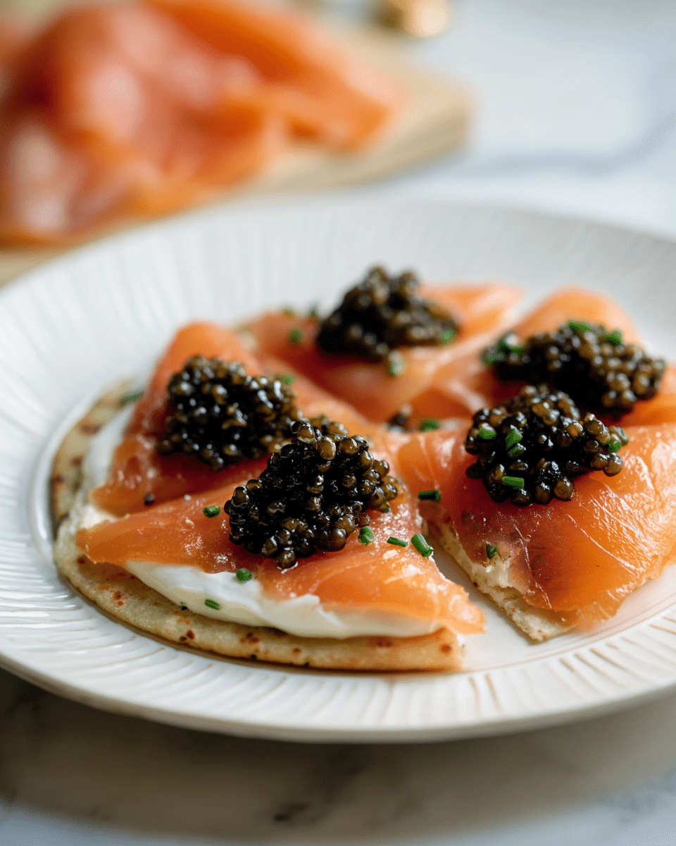 A white plate with ridged edges holds a flatbread base, topped with a smooth white cream layer. On top of this cream are thin, orange slices of smoked salmon, laid evenly to cover the flatbread. Each salmon slice is paired with a small heap of shiny, dark green caviar, creating a contrast in color and texture. Tiny green chives are sprinkled over the dish for a slight touch of color. The background has a white marbled texture with blurred salmon slices visible. photo taken with an iphone --ar 4:5 --v 7
