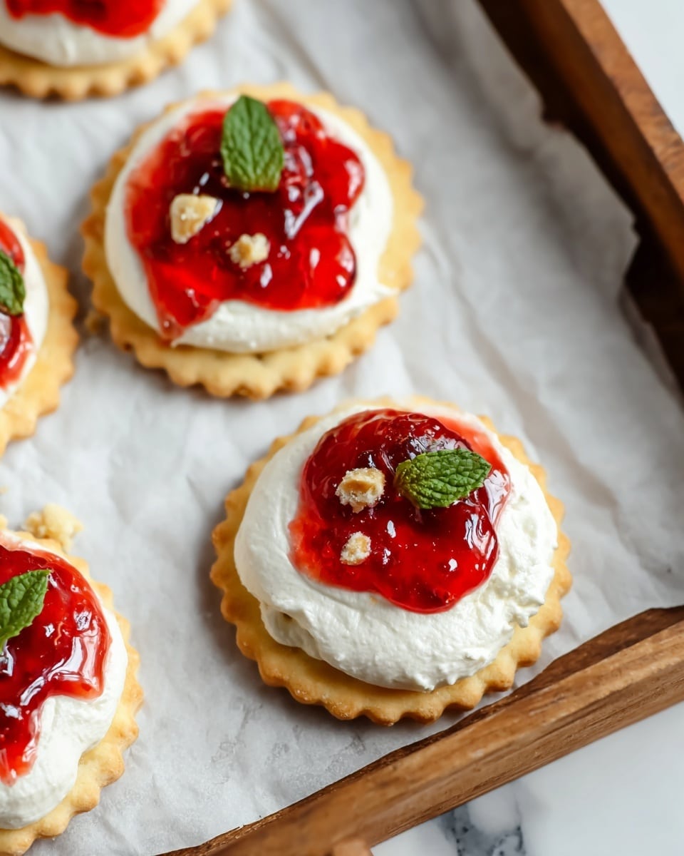 The image shows a close-up of four round crackers on white parchment paper inside a wooden tray. Each cracker has a thick, smooth layer of white cream topped with red jam, with one cracker having a small green mint leaf and tiny nut pieces on top. The cream looks soft and fluffy, the jam is glossy and slightly dripping, and the crackers are light golden brown with a scalloped edge, giving a textured contrast. The background has a white marbled surface visible under the tray. photo taken with an iphone --ar 4:5 --v 7