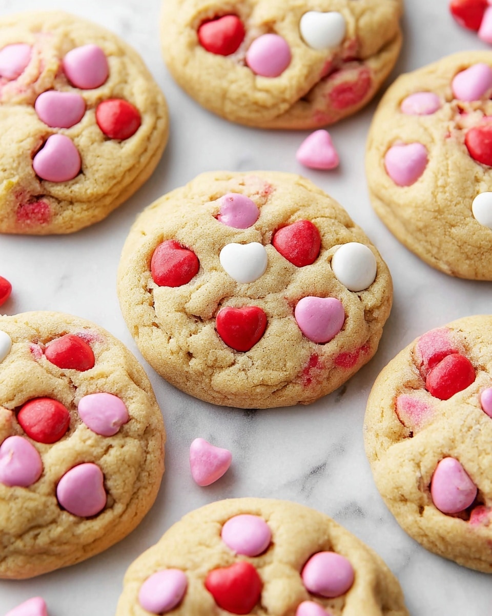 Soft, round cookies with a light golden-brown base, each studded generously with a mix of pink, red, and white candy-coated chocolates embedded across the top. The cookies have a slightly cracked surface, showing a soft texture inside, and they are placed on a white marbled surface. The candies vary in size and have a shiny, smooth texture that contrasts with the matte, tender cookie dough beneath. The arrangement is casual, with some cookies overlapping slightly, giving a warm and inviting feel. photo taken with an iphone --ar 4:5 --v 7