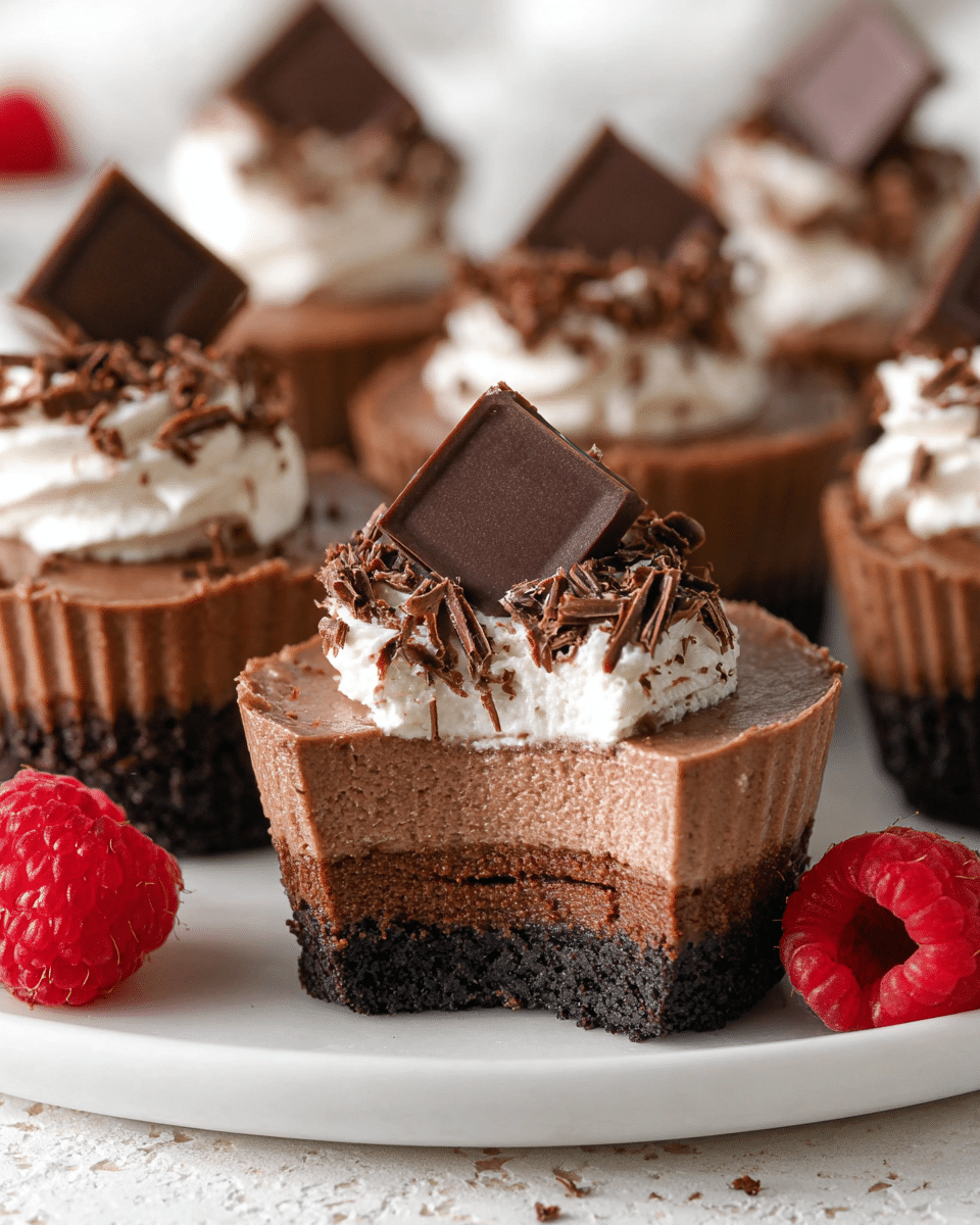 The image shows several chocolate mousse cups on a white plate with a white marbled texture surface. Each cup has three layers: a dark crumbly chocolate base, a smooth dense milk chocolate mousse middle layer, and a thick, whipped light chocolate cream top layer decorated with chocolate shavings. Some cups have a square piece of dark chocolate embedded in the whipped cream. Fresh red raspberries are placed near the cups for color contrast. The focus is on one mousse cup cut in half, showing the layers clearly, with blurred background cups. photo taken with an iphone --ar 4:5 --v 7